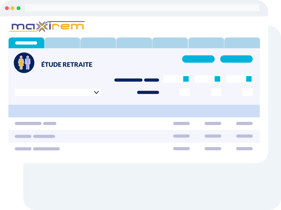 Interface de la solution Étude Retraite affichant une simulation de pension à différents âges de départ avec des données de carrière et des leviers d’optimisation retraite