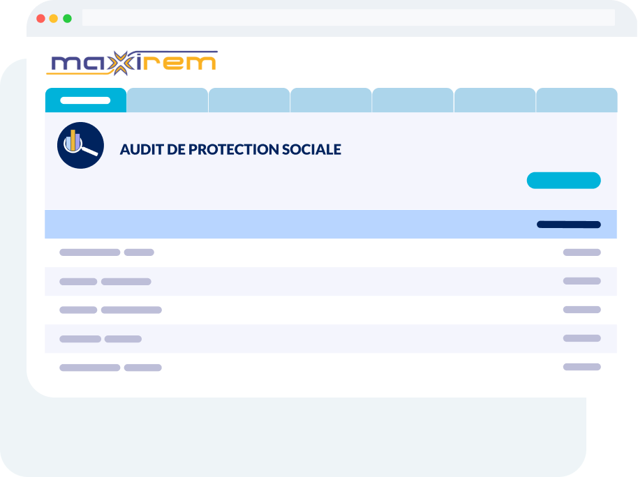 Interface du module Audit de Protection Sociale affichant une évaluation de garanties sociales en cas de risques sur la plateforme SaaS Audit de Protection Sociale du Hub Individuel dédiée aux conseillers patrimoniaux et assurantiels