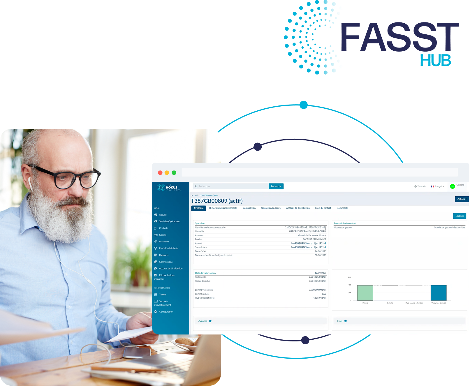 Conseiller patrimonial consultant l’interface Hokus pour visualiser la gestion de ses portefeuilles d'assurance et de ses fournisseurs et suivre les investissements de ses clients