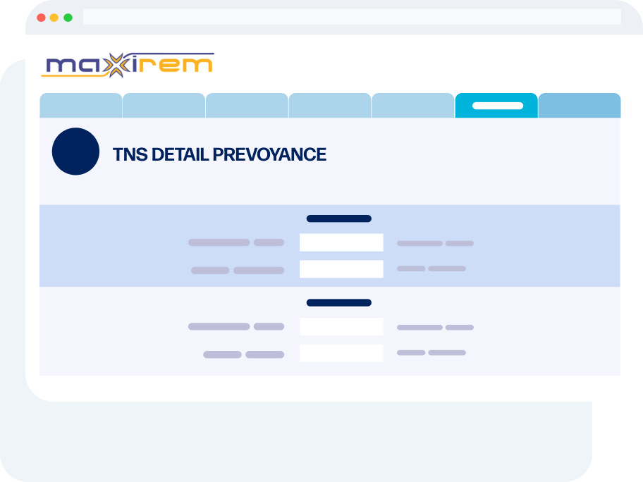 Interface d’analyse de prévoyance TNS affichant les niveaux de prestations sociales en cas d’arrêt de travail, d’invalidité et de décès selon le régime obligatoire du client