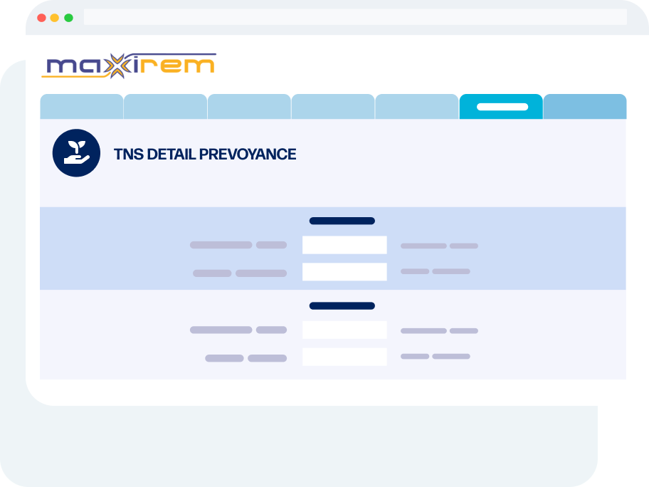 Interface d’analyse de prévoyance TNS affichant les niveaux de prestations sociales en cas d’arrêt de travail, d’invalidité et de décès selon le régime obligatoire du client