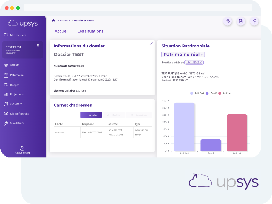 Capture d’écran de l’interface Upsys montrant un dossier client patrimonial avec graphiques budgétaires et simulations d’investissement pour CGP