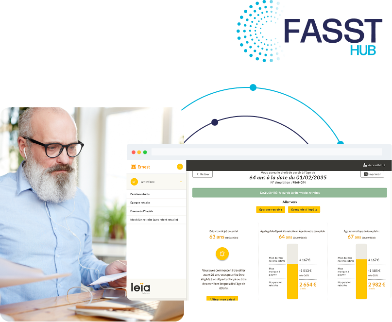 Conseiller en gestion de patrimoine consultant l’interface Leia pour faire une simulation retraite et comparer des options de départ personnalisées de son client
