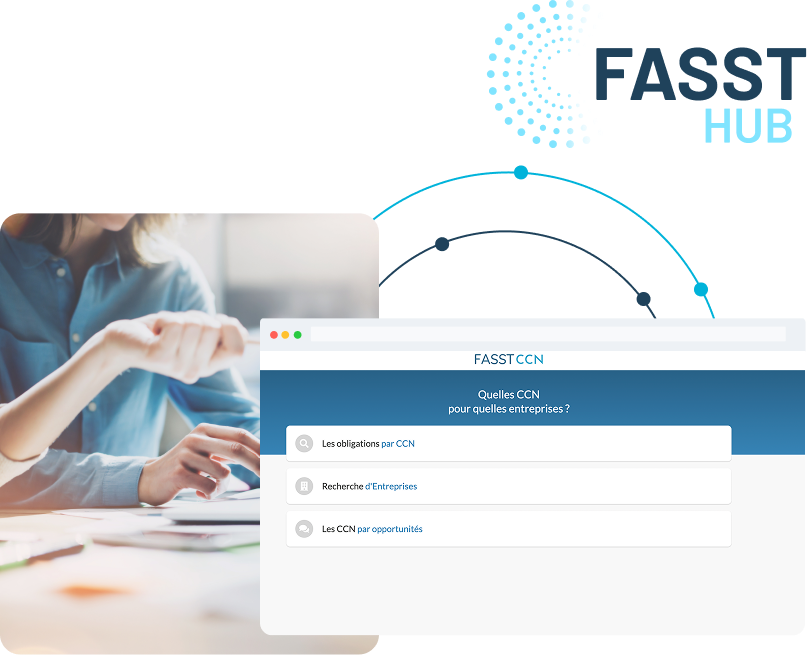 Business CCN interface displaying company search options by IDCC, SIRET or SIREN via integrated conversational AI