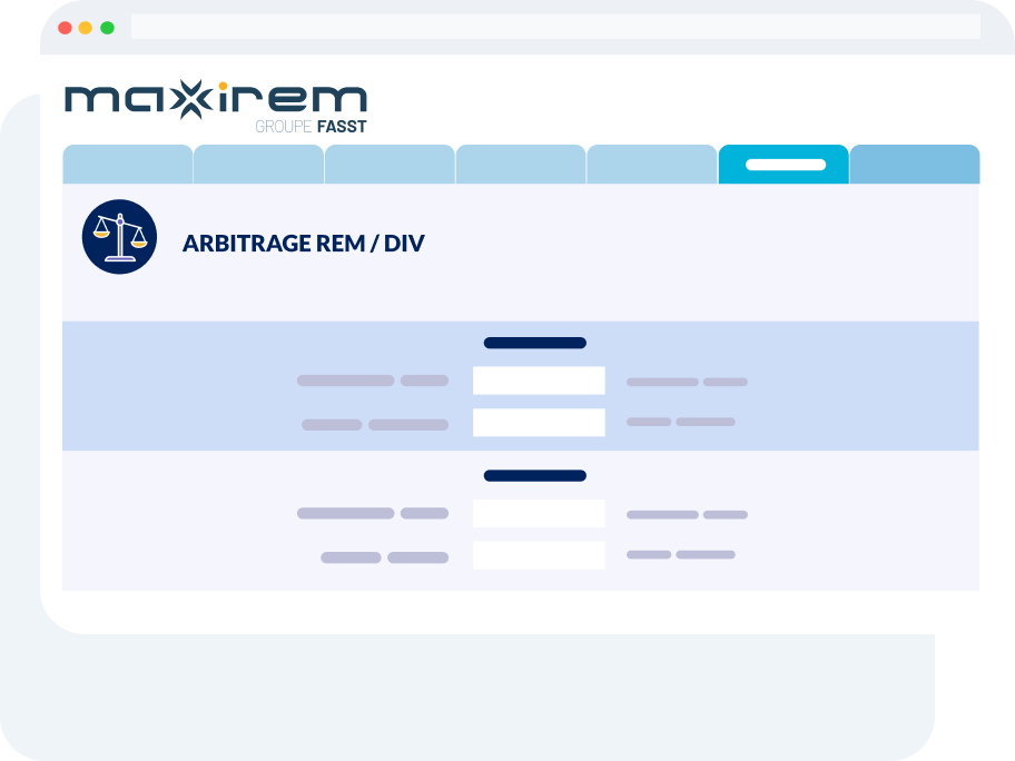Interface de l’outil Arbitrage Rem / Div affichant une comparaison détaillée entre les modes de rémunération (salaire vs dividendes) avec impacts fiscaux et sociaux