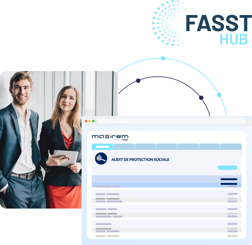 Illustration of the Audit Protection Sociale tool, showing the dashboard for a personalized social security diagnosis for a manager.