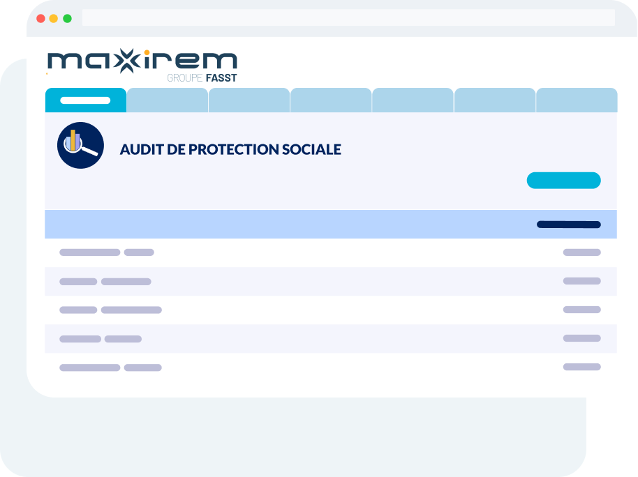 Interface du module Audit de Protection Sociale affichant une évaluation de garanties sociales en cas de risques sur la plateforme SaaS Audit de Protection Sociale du Hub Individuel dédiée aux conseillers patrimoniaux et assurantiels
