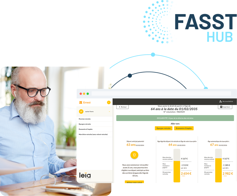 Conseiller en gestion de patrimoine consultant l’interface Leia pour faire une simulation retraite et comparer des options de départ personnalisées de son client