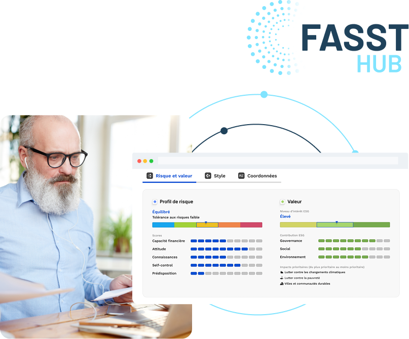 Interface Odonaplace affichant un conseiller en coaching financier pour CGP qui consulte les profils de risque et de valeur d’un client CGP avec des données comportementales visualisées