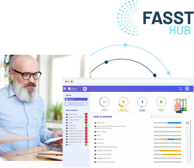 Interface BeCLM affichant l’état de conformité CGP d’un cabinet de conseil en patrimoine avec alertes en temps réel sur les pièces réglementaires