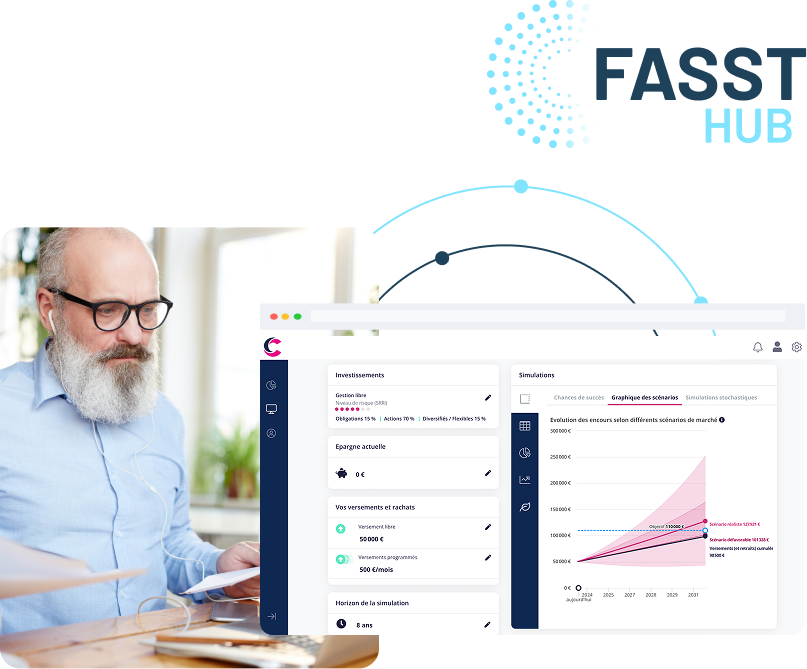 Interface Coanda utilisée par un conseiller patrimonial pour simuler des projets d’épargne, définir une stratégie d'allocation d'actifs et visualiser la performance de portefeuilles selon différents scénarios
