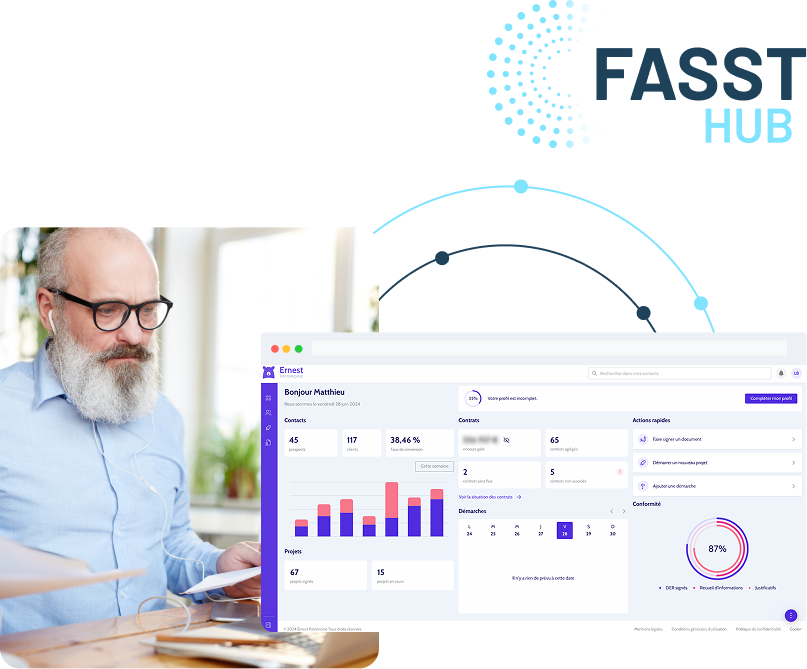 Interface du CRM Ernest affichant la fiche client patrimonial, le profil investisseur et les indicateurs de conformité.