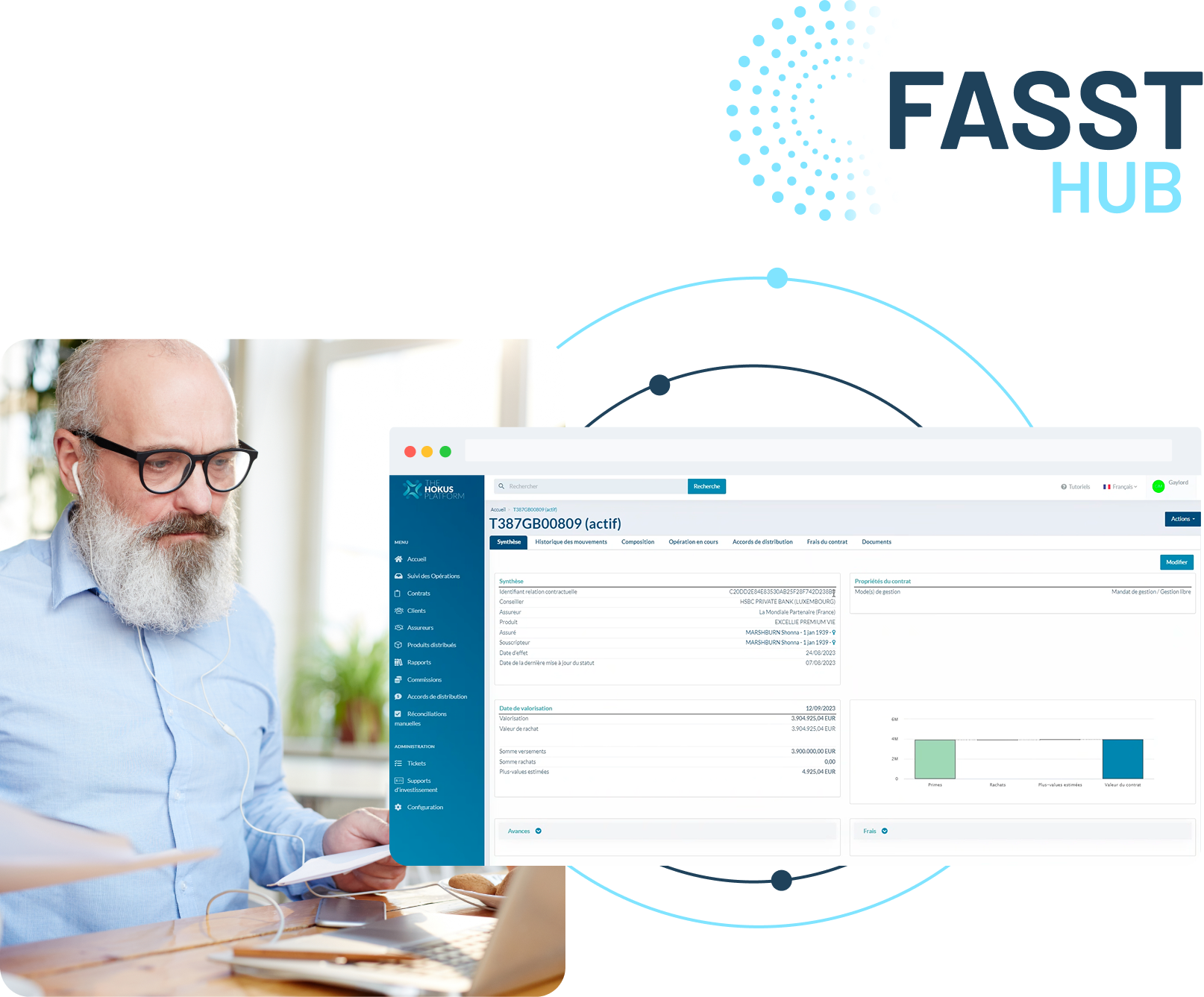 Conseiller patrimonial consultant l’interface Hokus pour visualiser la gestion de ses portefeuilles d'assurance et de ses fournisseurs et suivre les investissements de ses clients