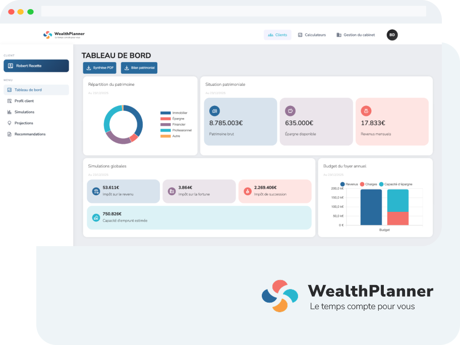 Présentation de Wealthplanner montrant un schéma d’expertise juridique, fiscale et financière et un encart détaillant les services de conseil patrimonial augmenté