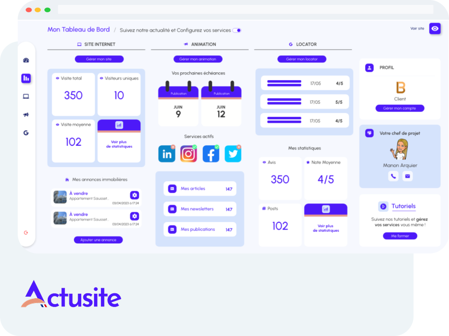 Capture d’écran d’Actusite affichant un tableau de bord digital avec statistiques de site, réseaux sociaux, newsletters et campagnes marketing dédiées aux professions réglementées