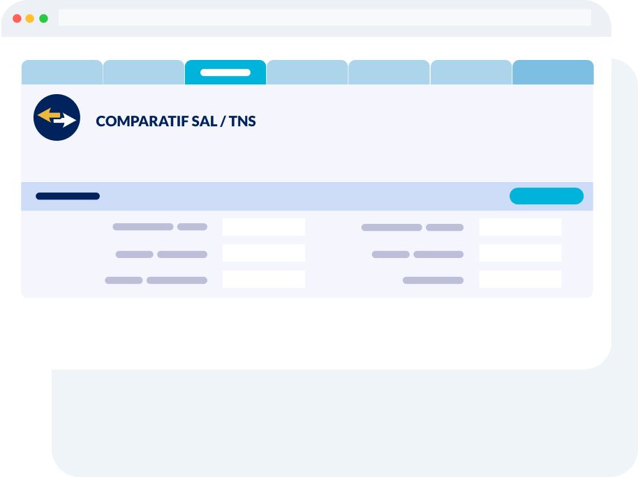 Interface de l’outil Comparatif de Statut affichant une comparaison des régimes fiscaux, sociaux et de protection sociale pour dirigeants SAL / TNS