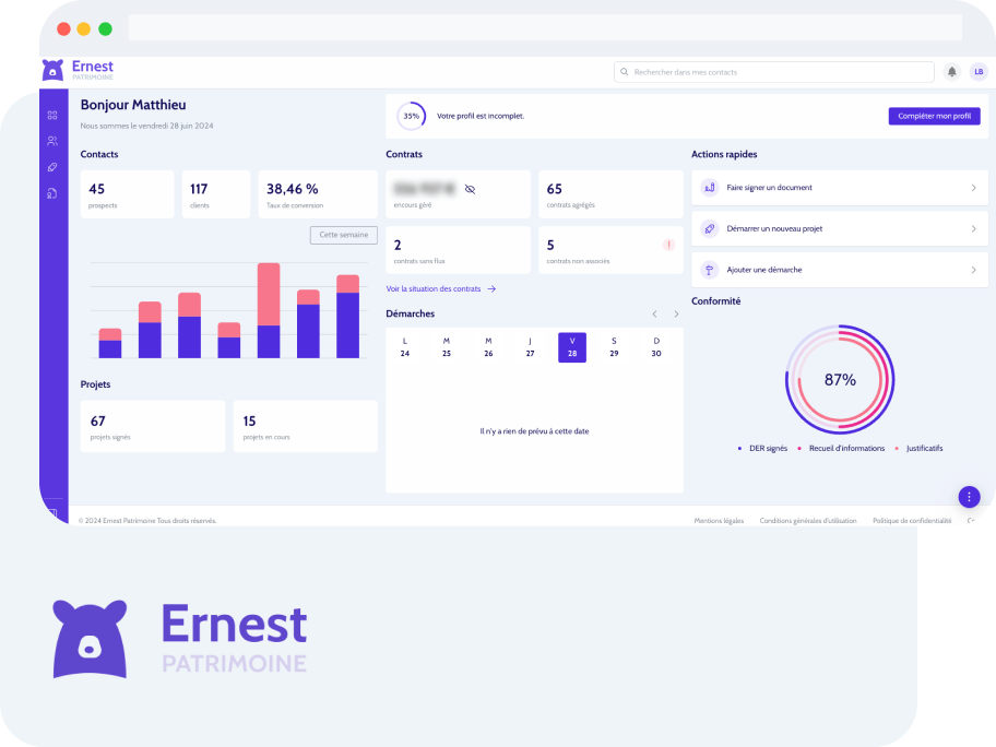 Capture d’écran du CRM Ernest Patrimoine, interface de gestion client dédiée aux CGP pour le suivi des portefeuilles, la conformité et les obligations réglementaires