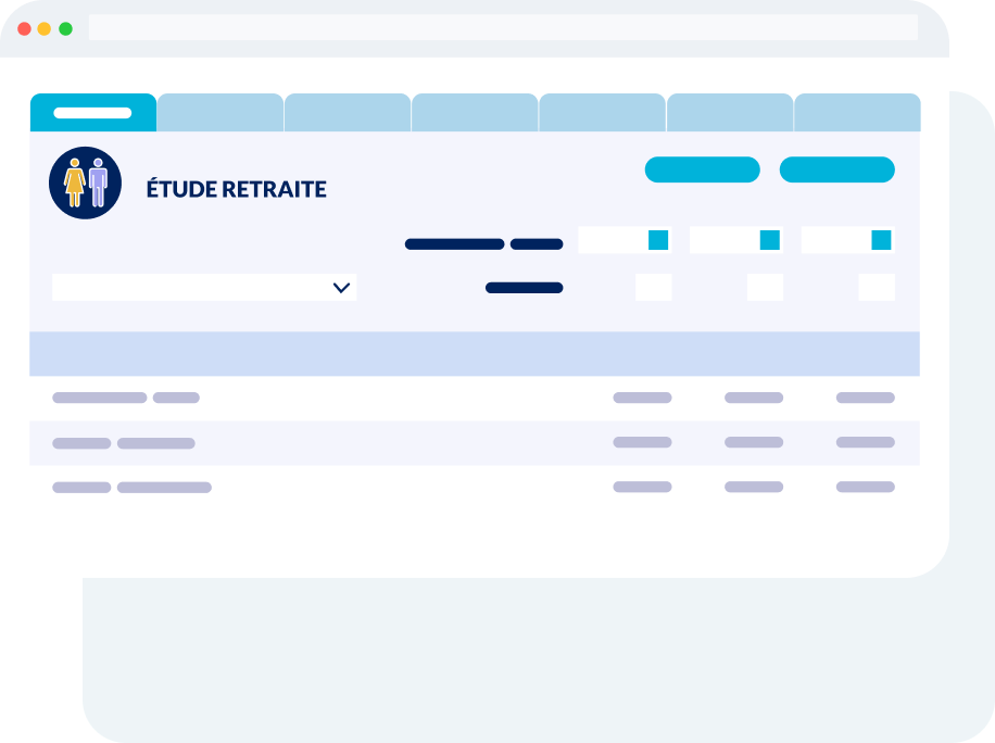 Interface de la solution Étude Retraite affichant une simulation de pension à différents âges de départ avec des données de carrière et des leviers d’optimisation retraite