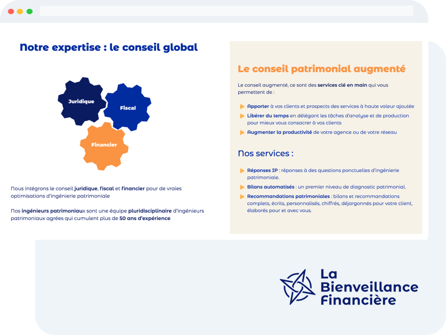 Présentation de La Bienveillance Financière montrant un schéma d’expertise juridique, fiscale et financière et un encart détaillant les services de conseil patrimonial augmenté