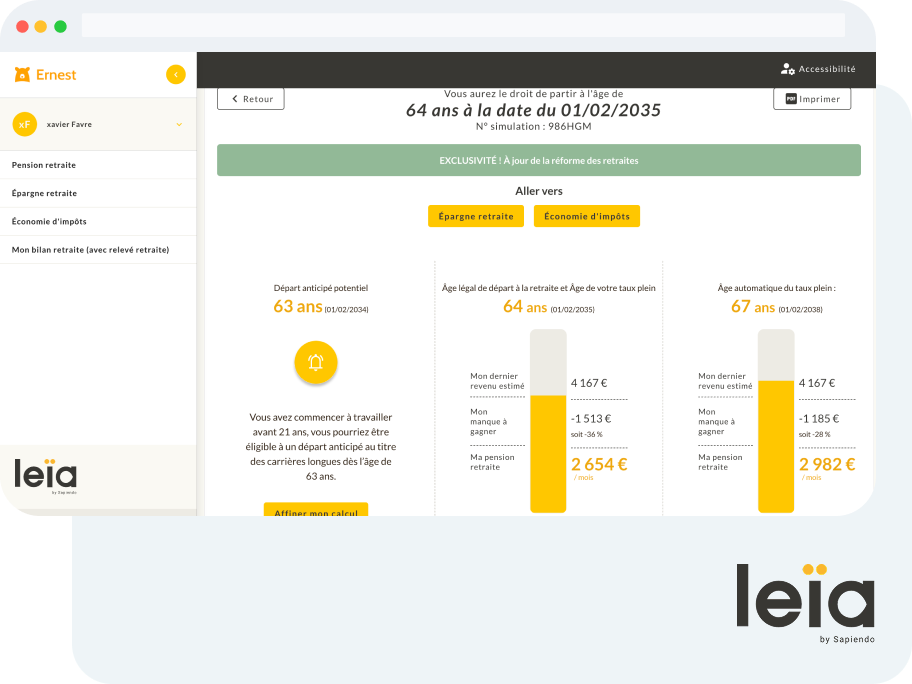 Interface de Leia by Sapiendo affichant une simulation de départ à la retraite avec âge estimé, comparatif de scénarios et recommandations chiffrées personnalisées