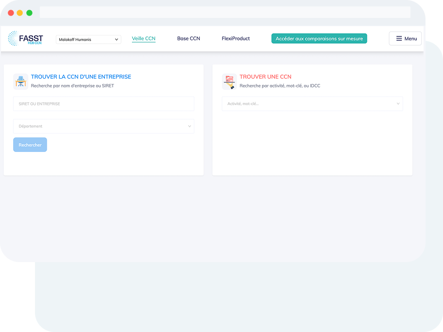 Interface de la plateforme Matching CCN affichant des outils de recherche qui permettent de vérifier la conformité d’une offre par rapport à une convention collective spécifique