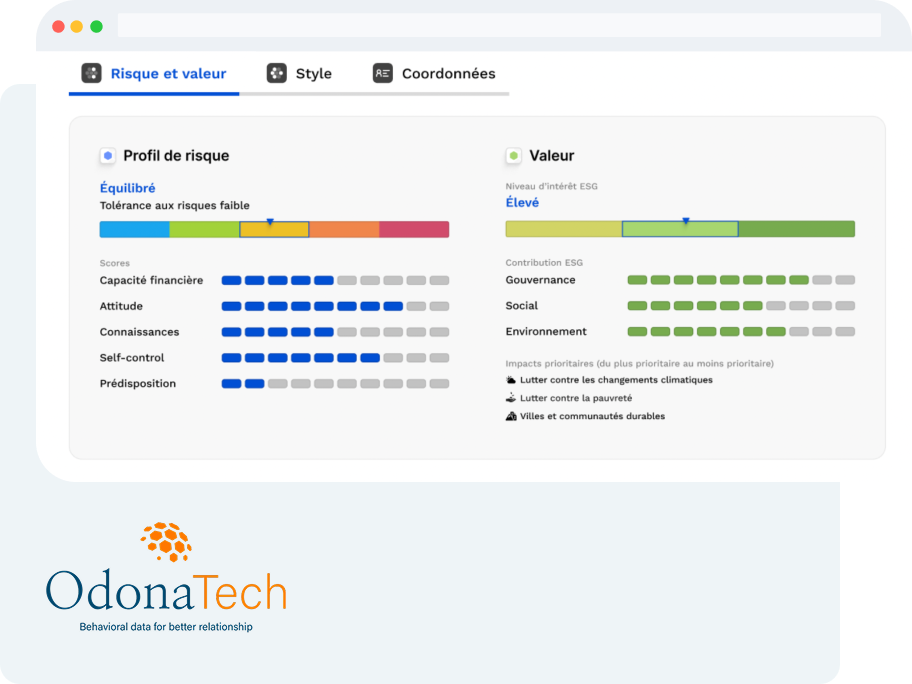Interface Odonaplace présentant un profil de risque et une analyse de valeur ESG avec indicateurs comportementaux et niveau d’intérêt durable