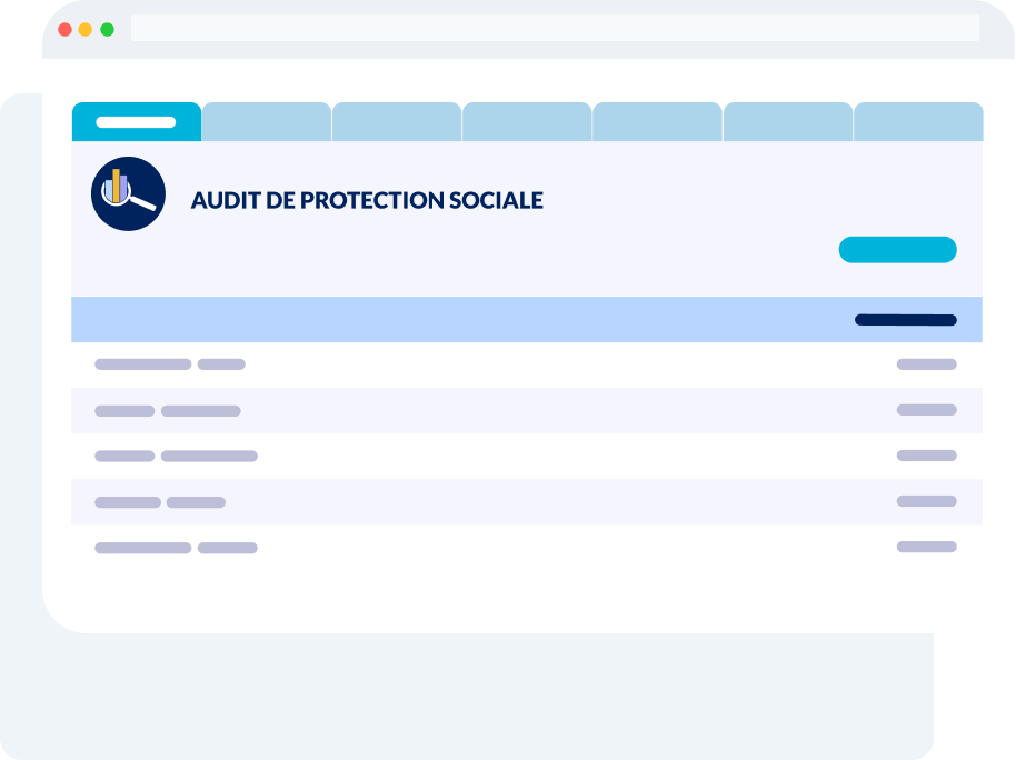 Interface du module Audit de Protection Sociale affichant une évaluation de garanties sociales en cas de risques sur la plateforme SaaS Audit de Protection Sociale du Hub Individuel dédiée aux conseillers patrimoniaux et assurantiels