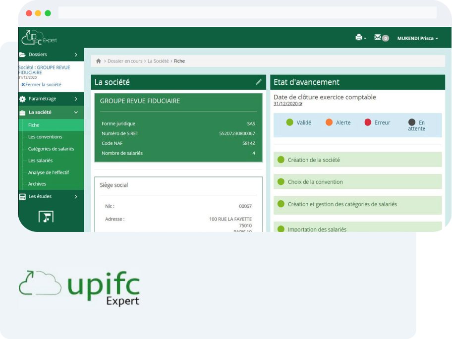Interface de la plateforme UP IFC affichant une fiche entreprise avec les étapes d’évaluation des engagements sociaux et financiers liés aux indemnités de fin de carrière et de licenciement